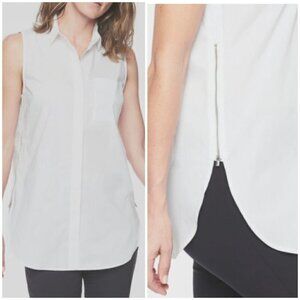 Athleta Sz XS White Button Up Sleeveless Shirt Side Zip Tunic Tank Top Blouse